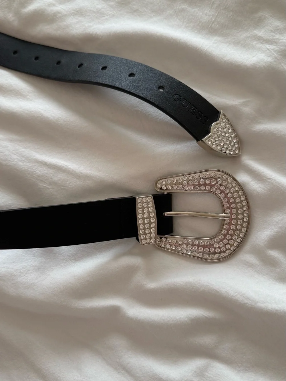 GUESS x Jennifer Lopez Black Leather Silver Crystal Studded Western Belt
